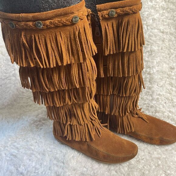 MINNETONKA Brown leather suede3 layer Tier Fringe Moccasin Boots side zipper SZ7 - Picture 2 of 10
